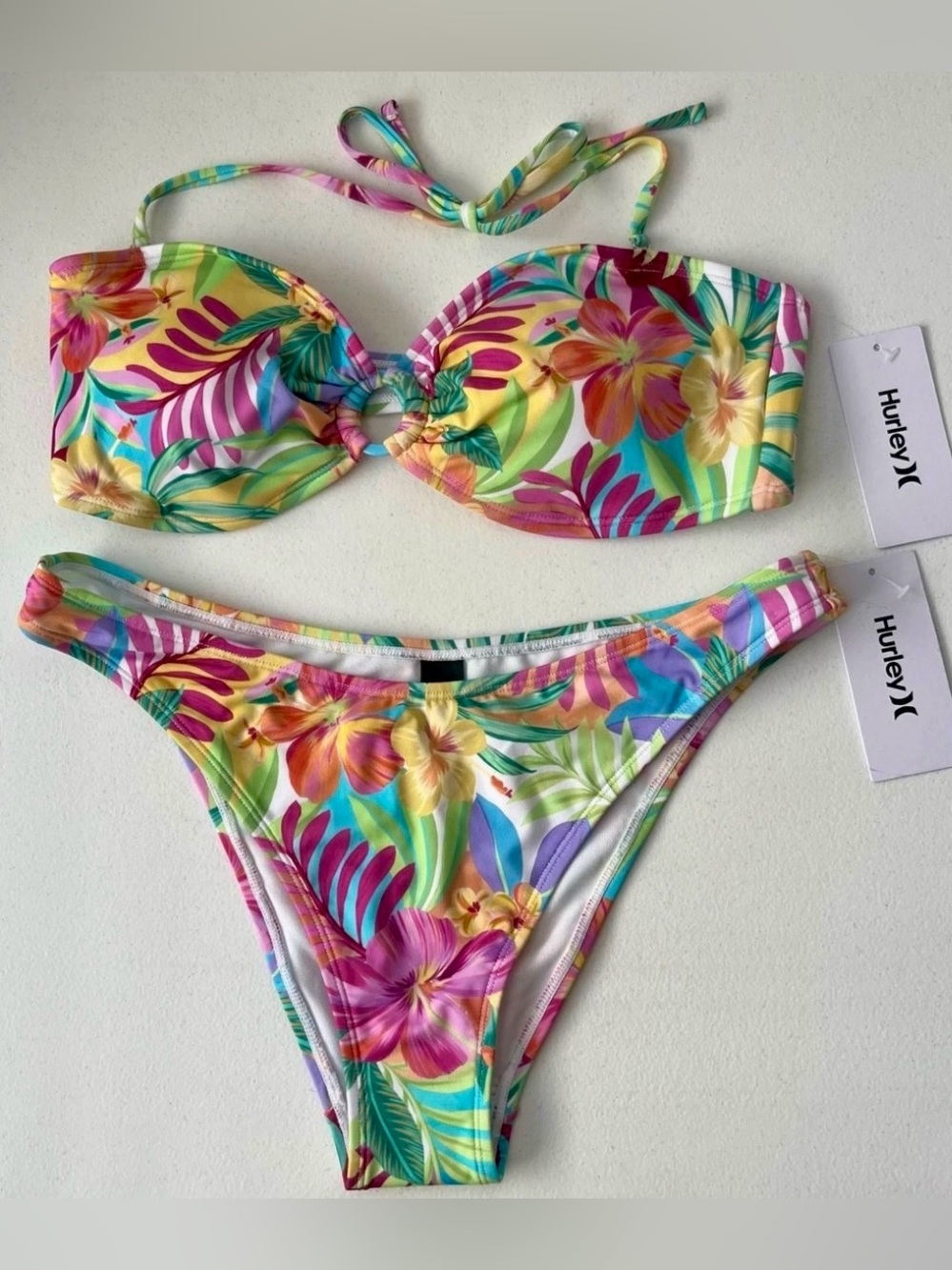 Hurley Multicolor Tropical Floral Bandeau Bikini. Size L